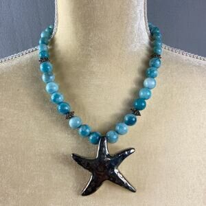 Silver Tone Starfish Pendant Genuine Blue Stone Necklace 19 Inches